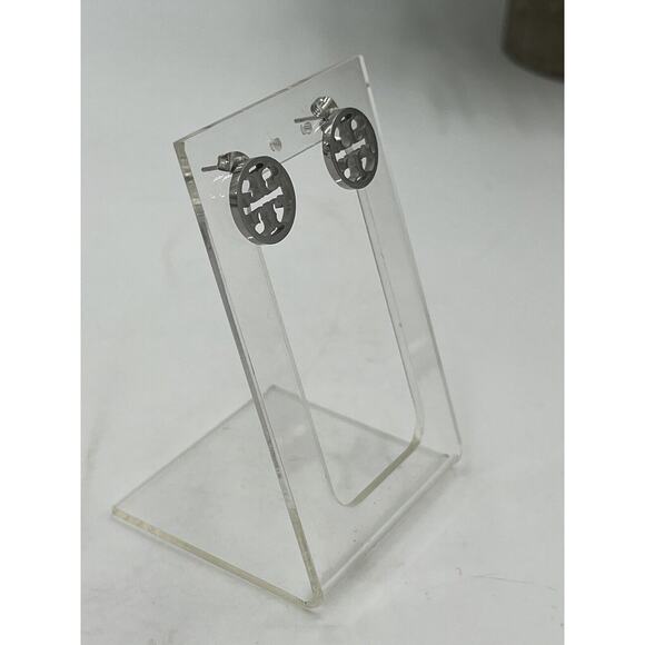 TORY BURCH Designer Silver Miller Round Circle Cut Out "T" Logo Stud Earrings - Picture 8 of 12